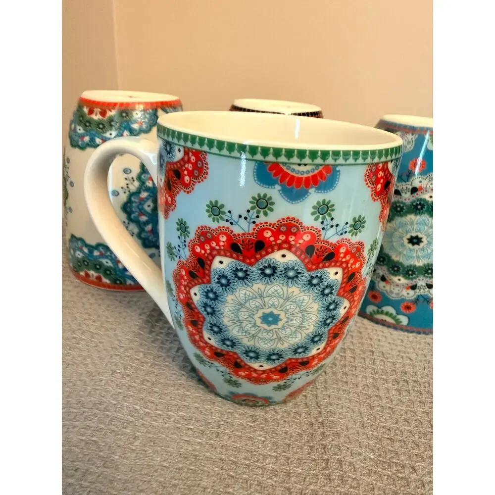New Four Flanacom ceramic coffee mug featuring an oriental Boho design 10 OZ